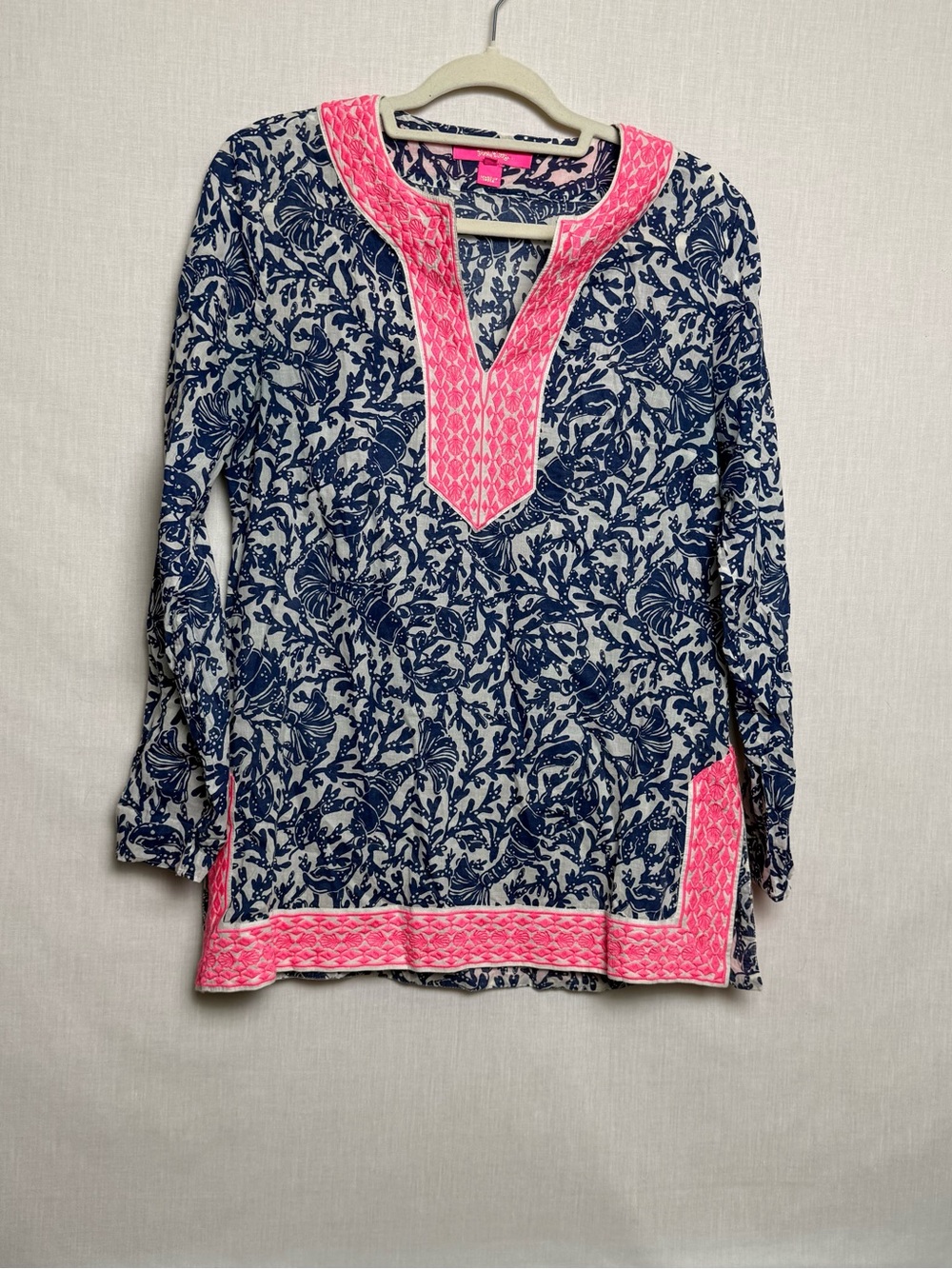 Lilly Pulitzer Womens S Blue White Pink Embroidered Tunic Top Cotton Coastal